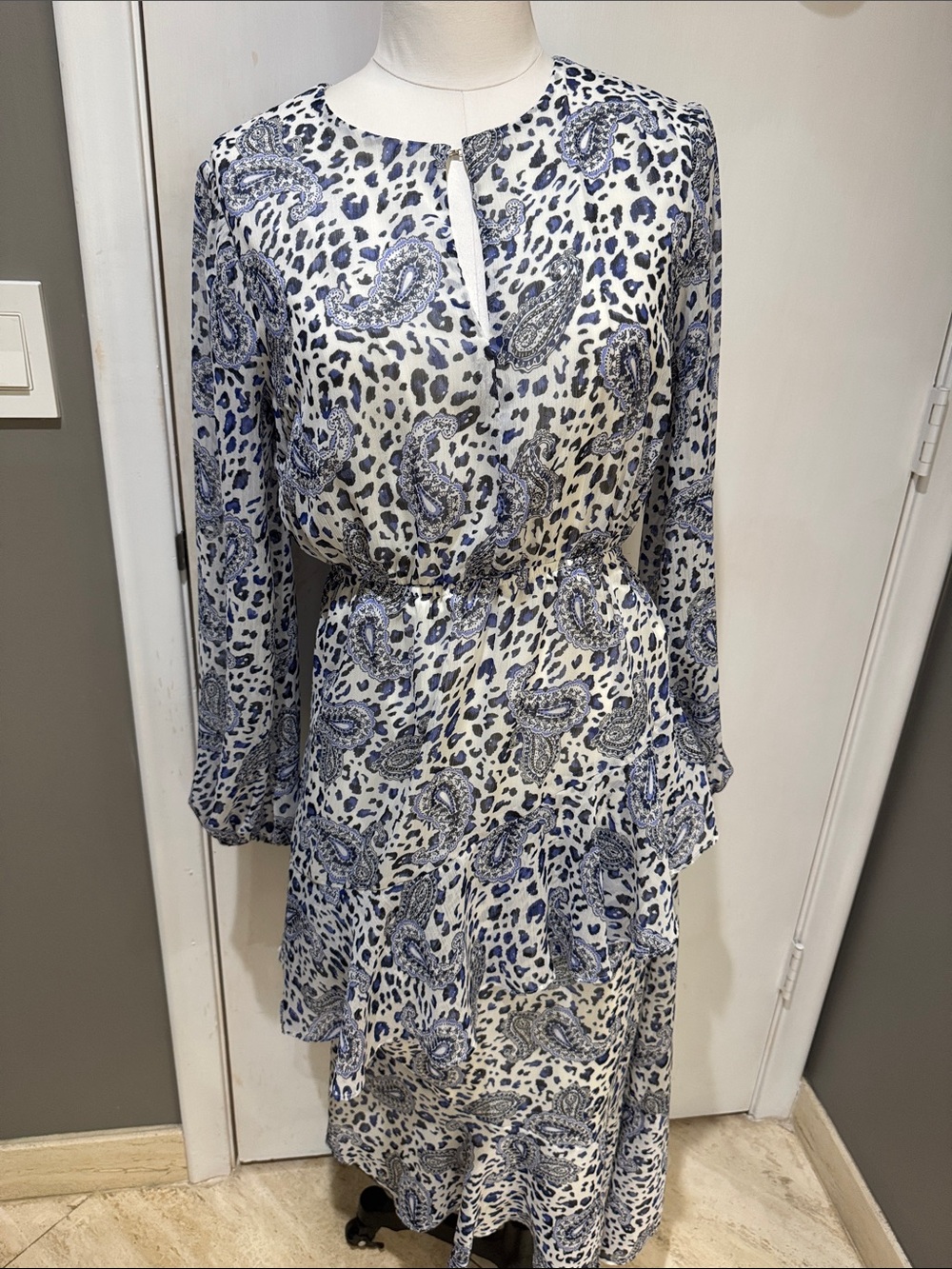 Aqua Blue Paisley & Leopard Print Long Sleeve Dress